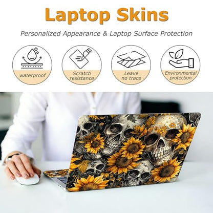 Universal Laptop Skin Sticker with 2 Wrist Pad Decals, 3-Piece Removable Vinyl Laptop Cover, Sunflower Skulls Waterproof Anti-Scratch, Easy-Trim Fit for 13.3" 14" 15.6" Laptops - color: Sunflower Skulls