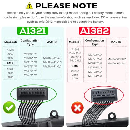 A1321 A1286 (Only for Mid 2009 Mid 2010 Version) Laptop Battery for MacBook Pro 15 Inch Battery A1321 A1286 MC371LL/A MC372LL/A MB985 MB986 MC118 020-6380-A 020-6766-B 661-5211 661-5476 661-5844 73Wh - size: A132111.18 × 5.59 × 0.67 in