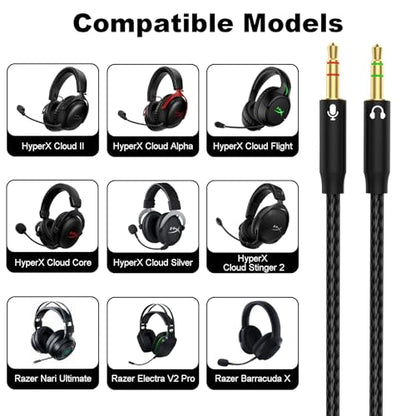 Headphone Mic Splitter Cable, 3.5mm TRRS Female to Dual TRS Male Mic Audio Adapter Cord Compatible with HyperX Cloud II/Alpha/Core, Astro A10/A40