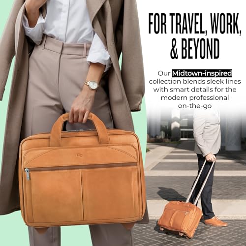 Solo New York Leather Rolling Case with Wheels - Roller Laptop Bag, Wheeled Briefcase for Women & Men, Carry On Size for Travel, Fits 15.6" Computer - Walker, Tan
