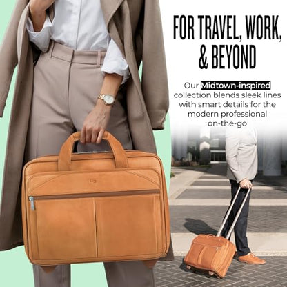 Solo New York Leather Rolling Case with Wheels - Roller Laptop Bag, Wheeled Briefcase for Women & Men, Carry On Size for Travel, Fits 15.6" Computer - Walker, Tan