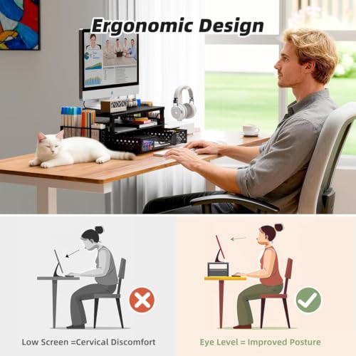 Simple Trending 2-Tier Monitor Stand Riser, Laptop & Printer Stand, Black | Metal Desk Organizer with Drawer, Desktop Organizer, Ergonomic Design, for Home Office, 16.34"W x 10.35"D x 3.5"H - size: 16.34"W x 10.35"D x 3.5"H