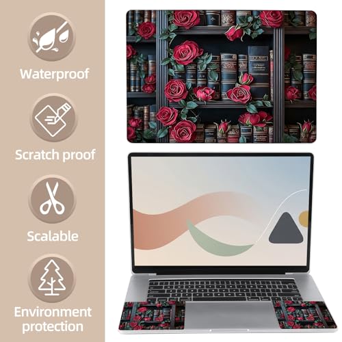 Universal Laptop Skin Sticker for 12/13/14/15.6 Inch Laptops, Reusable Vinyl Laptop Decal Cover, Waterproof Scratch Resistant Notebook Skin with 2 Wrist Pads,Red Roses Bookcase - color: Red Roses Bookcase