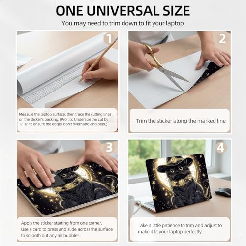 Black Cat with Moon Magic Universal Laptop Skin Sticker 3PCS, Protective Decal Trim-to-Fit 11.6" 13.3" 14" 15.6" Laptop Vinyl Cover, Removable Anti-Scratch Computer Decal Protector - color: Black Cat with Moon Magic