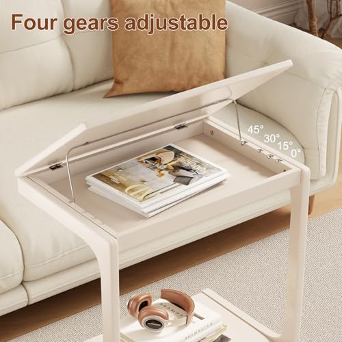 AQIMUELE Wooden C-Shaped End Table,Couch Table with Adjustable Desktop,Small Rolling Side Table with 2 Lockable Wheels 23.6" Width,Small End Table for Couch, Living Room,Bedroom (White) - color: White, size: 15.6"D x 23.6"W x 24.8"H, style: Modern 2 Tier