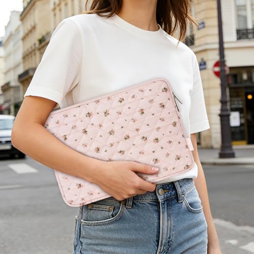 MOSISO 13-14 inch Laptop Case, 13.3 inch Puffy Laptop Sleeve Compatible with MacBook Air 13.6 M4 M3 M2 M1/Pro 13/Pro 14, HP Dell ASUS Lenovo, Square Quilted Carrying Bag with Small Case,Roseate Petals
