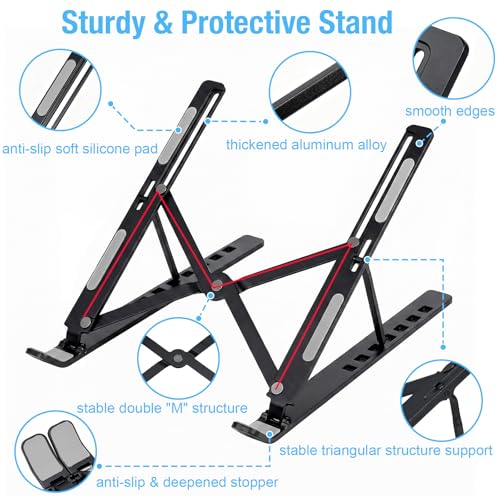 Marte Vanci Laptop Stand for Desk, Portable Computer Riser with 7 Adjustable Angles, Foldable Notebook Holder Ergonomic Ventilated Cooling Aluminum Computer Stand for Laptops Tablets up to 16” Black - color: Black