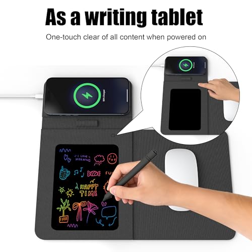 Foldable Wireless Charging Mouse Pad with Writing Tablet,15W Qi Magnetic Fast Charging Travel Mouse Pad,Multi-Functional PU Leather Mat Charging Pad for iPhone Samsung iWatch,Office Home Accessories - color: Black