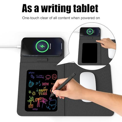Foldable Wireless Charging Mouse Pad with Writing Tablet,15W Qi Magnetic Fast Charging Travel Mouse Pad,Multi-Functional PU Leather Mat Charging Pad for iPhone Samsung iWatch,Office Home Accessories - color: Black
