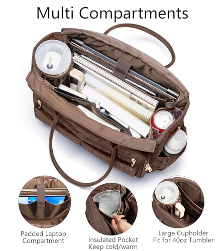 Bagstellar Teacher Tote Bag for Women, 15.6" Laptop Work Tote Computer Bag | Quilted Bible Nurse Bag with 40oz Cup Holder, Insulated Pocket & Strap, Large Laptop Briefcase for School Travel Office Gifts - color: Chocolate