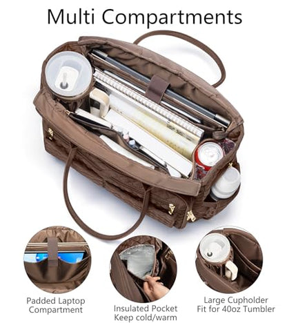 Bagstellar Teacher Tote Bag for Women, 15.6" Laptop Work Tote Computer Bag | Quilted Bible Nurse Bag with 40oz Cup Holder, Insulated Pocket & Strap, Large Laptop Briefcase for School Travel Office Gifts - color: Chocolate