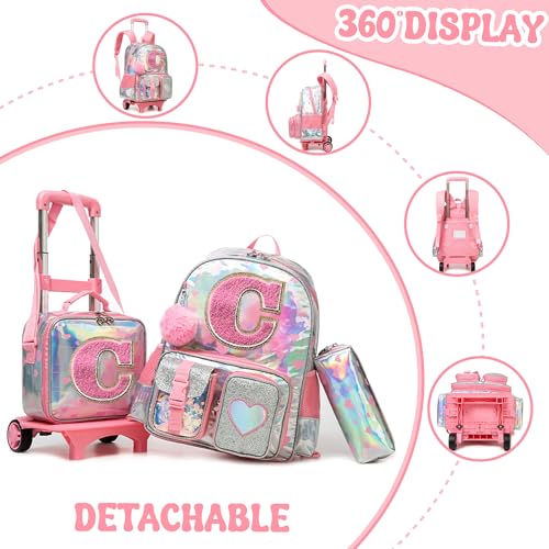 HTgroce Cute Rolling Backpack with Wheel,School Backpack for Kids Girl Roller Schoolbag Wheeled Backpacks Set Carry-on Luggage,Pink L - color: Pink, style: C