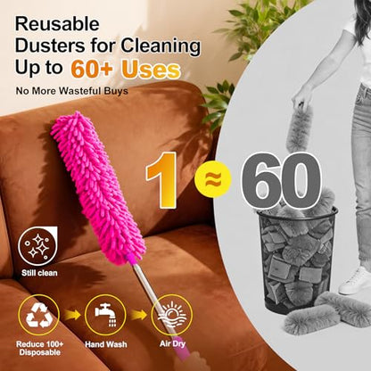 Tiumso 5-in-1 Duster with Extension Pole 100 inch Extendable Dusters for Cleaning Anti-Spin Reusable Dusting Kits for High Ceiling Fans, Cobwebs & Vents, Reinforced Stainless Steel Telescopic Handle - color: Rose Red