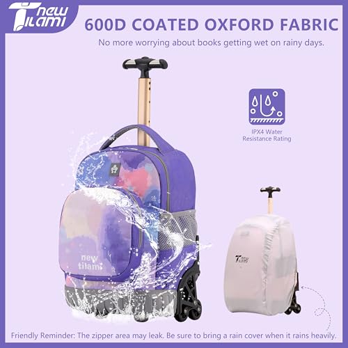 NEW TILAMI 16 Inch Rolling Backpack with Lunch Bag for Girls Boys School | 6-Wheel Stair-Climbing Girls Boys Carry-on Suitcase Water-Resistant Adjustable Trolley Handle Wheels School Travel Camping - color: Purple Watercolor