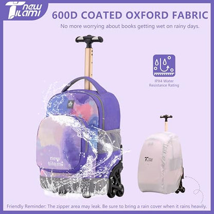 NEW TILAMI 16 Inch Rolling Backpack with Lunch Bag for Girls Boys School | 6-Wheel Stair-Climbing Girls Boys Carry-on Suitcase Water-Resistant Adjustable Trolley Handle Wheels School Travel Camping - color: Purple Watercolor