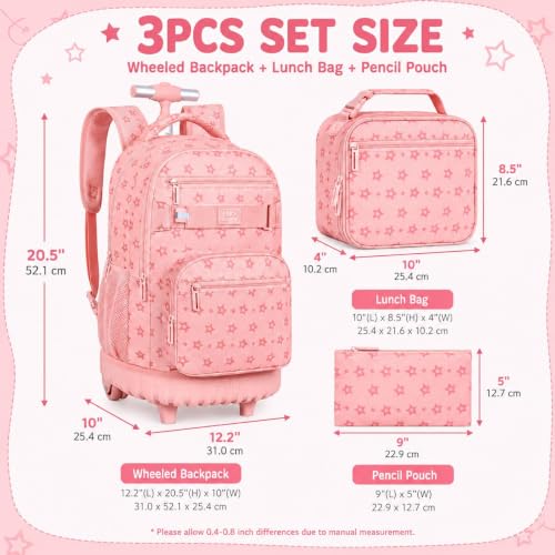 3Pcs Rolling Backpack for Girls Women, School Kids Roller Bookbag with Wheels, Wheeled Backpacks Set for Elementary (Pink) - color: Star Pink