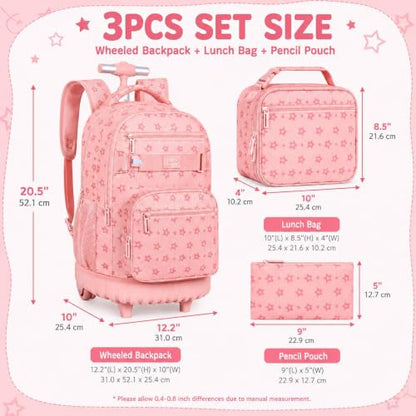 3Pcs Rolling Backpack for Girls Women, School Kids Roller Bookbag with Wheels, Wheeled Backpacks Set for Elementary (Pink) - color: Star Pink