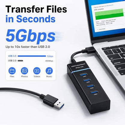 USB 3.0 Hub 4 Ports with Type-C Power Input, High-Speed USB Splitter for Laptop, PC, Xbox, Flash Drive, HDD, Printer, Camera, Keyboard & Mouse – Data Transfer Only