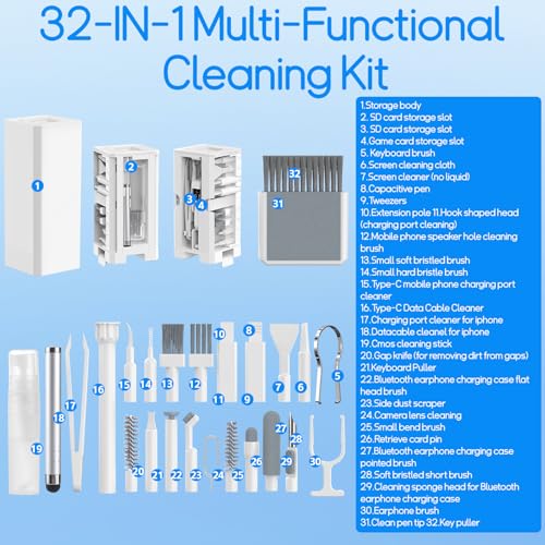 32-in-1 Keyboard Cleaning Kit iPhone Charging Port Speaker Cleaner | Multifunction Clean Tools for Airpods iPad MacBook Keyboard Earbuds Camera Computer Laptop Screen Electronics (White) - color: White