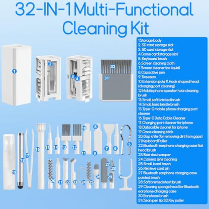 32-in-1 Keyboard Cleaning Kit iPhone Charging Port Speaker Cleaner | Multifunction Clean Tools for Airpods iPad MacBook Keyboard Earbuds Camera Computer Laptop Screen Electronics (White) - color: White
