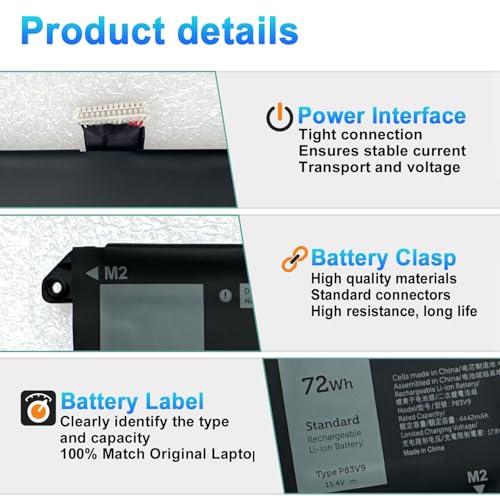 74Wh P83V9 Laptop Battery Replacement for Dell Precision 5470 5480 5490 Series Notebook P154G P154G001 P154G002 CDTT2 15.4V 4442mAh 4-Cell - size: 12.68*4.41*0.36inch P83V9