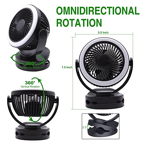 Rechargeable RV Cooling Fan Light, 4-Speed Portable Desk Fan, Dia: 5.5inch, Rotatable Clip-On & Wall-Mount Fan for Home Office RV Travel, 5000mAh Battery - color: Black