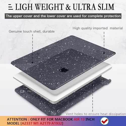 CISSOOK Sparkly Black Star Case for MacBook Air 13 Inch A2337 M1 A2179 A1932 2021-2018 Release, Plastic Glitter Bling Hard Shell Case with Keyboard Cover for MacBook Air M1 2021 with Touch ID - color: Sparkly Star Black