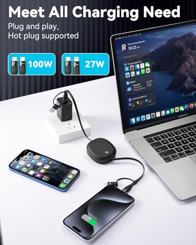 5 in 1 Retractable Cable,100W Multi Charging Cord for Multiple Devices | Adjustable Length Retractable Charger Cable & Phone Holder, USBA/C/Lightning/Micro for iPhone 17-11 Pro/Max, Galaxy, iPad, Ps