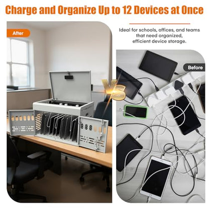 12-Device Charging Cabinet -Lockable Charging Station for iPad, Chromebook,Laptop&Tablet- American Style Charging Cabinet with Cord Management Ideal for Classrooms & Offices (Grayish White) - size: 12 Tablet/Chromebook(White)