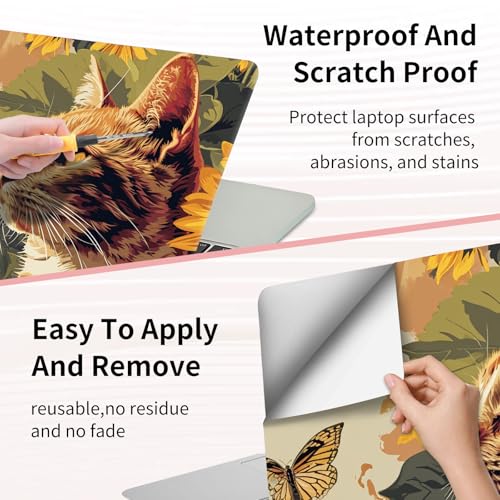 15.6 Inch Laptop Skin Sticker, Reusable Vinyl Cover Protector with 2 Wrist Pad Skins, Removable Waterproof Scratch-Resistant for 12-15.6 Inch Laptop Notebook,Cat with Sunflowers Butterflies - color: Cat With Sunflowers Butterflies