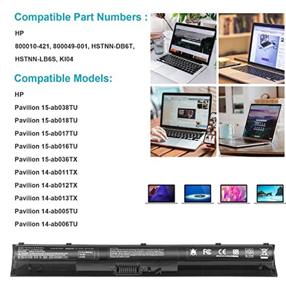 800049-001 KI04 Battery for HP Pavilion15-ab 15-an 17-g 15t-ab100 17t-g100 Series 15-ab143cl 15-ab223cl 15-ab153nr 15-an044nr 14-ab166us 17-ab220nr 17-g133cl 800009-421 800010-421 TPN-Q158 HSTNN-LB6S - size: 10.79*1.26*0.87inch KI04