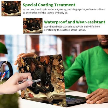 Laptop Skin Sticker Decal, Universal Protective Cover Fit 12 13 14 15.6 Inch Notebook, Reusable Water-Resistant Vinyl Decal w/ 2 Wrist Pads for Business Travel Office, Black Cat Maple Leaf - color: Black Cat Maple Leaf