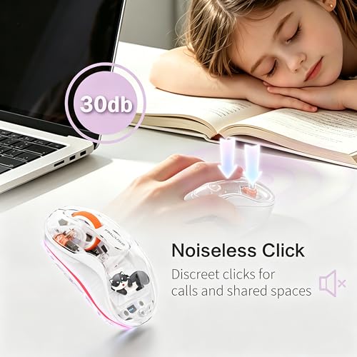 FMOUSE Cute Transparent Mouse, Tri-Mode Wireless, Rechargeable, White | USB-A & USB-C Receivers | 2.4G & Dual Bluetooth | Cat Figurine | Silent Click | RGB | For MAC, iPad, Laptop - color: White