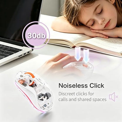 FMOUSE Cute Transparent Mouse, Tri-Mode Wireless, Rechargeable, White | USB-A & USB-C Receivers | 2.4G & Dual Bluetooth | Cat Figurine | Silent Click | RGB | For MAC, iPad, Laptop - color: White