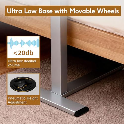 Pneumatic Overbed Table with Wheels, Height Adjustable Bedside Table with Ultra-Low Base for Hospital & Home, Rolling Laptop Cart with Walnut Finish - color: Walnut