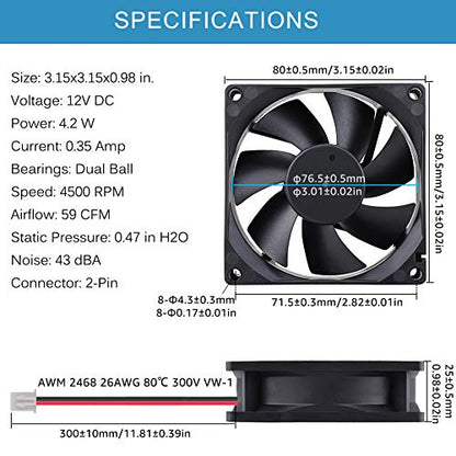 GDSTIME 4500RPM 80mm x 25mm 12V High Speed Dual Ball DC Cooling Fan 2 Pin | Big Airflow, Brushless, PC Computer Case Power Supply Fan, for Wine Cooler, Amplifiers, RV Fridge, Incubator, Electronics - size: 80x25mm