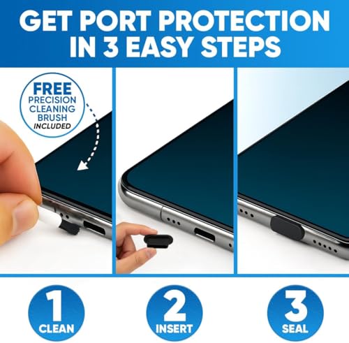 USB C Dust Plugs 50 Pack with Cleaning Brush, Charging Port Covers, Clear | Helps block dust, lint and debris, helps support reliable charging, snug low profile fit, durable flexible construction - color: Clear, 50 Pack