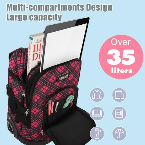 Tilami Rolling Backpack for Kids 18 inch Boys and Girls Laptop Backpack,Red grid - color: Red Grid