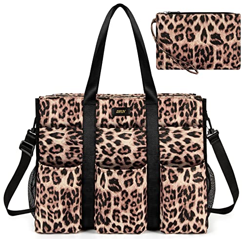 IBFUN Women - Utility Tote Bag with 24 Pockets and Laptop Compartment, Work Tote for Women - color: C1-l-brown Leopard, size: Large