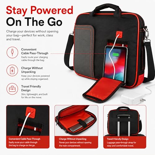 15.6 Inch Laptop Briefcase Shoulder Bag, Water Resistant Nylon Messenger Bag, Padded Compartment, Trolley Strap - color: Red