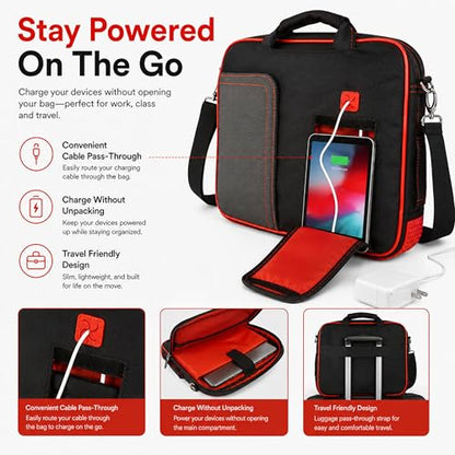 15.6 Inch Laptop Briefcase Shoulder Bag, Water Resistant Nylon Messenger Bag, Padded Compartment, Trolley Strap - color: Red