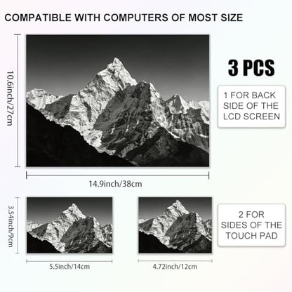 3Pcs Mountains Laptop Skin Sticker Snow-Capped Scenery Universal Removable Vinyl Stickers Fits for 12.1 13 14 15.6 16 Inch Waterproof Notebook Decal Cover Gift - color: Black and Silver