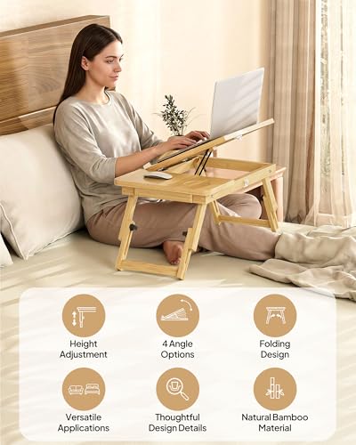 Bamboo Lap Desk, Adjustable Bed Desk with 4 Angle Options & Folding Design | Lap Desks for Adults, Ideal for Bed, Writing, Office Work, Drawing, Sofa & Travel