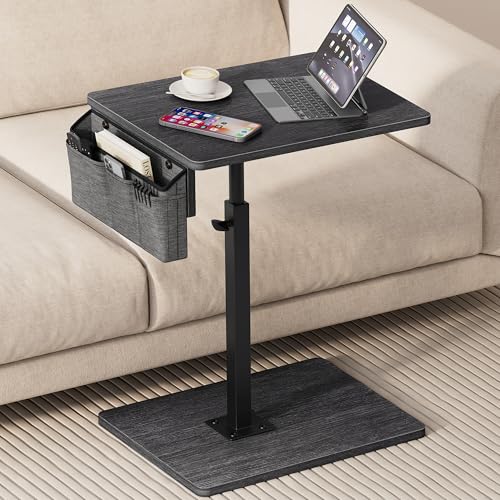 Vagusicc Sofa Armrest Tray Table for Couch, 360° Swivel Height Adjustable TV Tray Table for Small Spaces, Snack Side Table for Couch, Bed, Chair, C Shaped End Side Table for Eating, Reading, Laptop - color: Gray Walnut, style: With Storage Bag