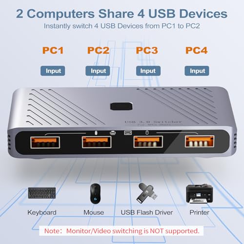 USB 3.0 Switch, 4 Computers Sharing 4 USB Devices, One-Button Switcher | For Keyboard Mouse Printer Scanner, USB Peripheral Sharing Hub for PC Laptop with 2 USB 3.0 Cables, Aluminum Alloy Case - style: For 4 PCs