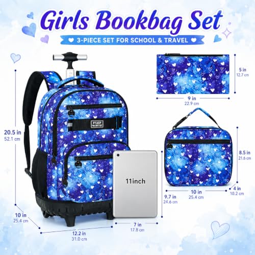 3Pcs Rolling Backpack for Girls Women, Travel Roller Backpacks with Wheels for Adults, Teens College Love Polka Dots Wheeled Bookbag with Lunch Box(Blue) - color: Blue