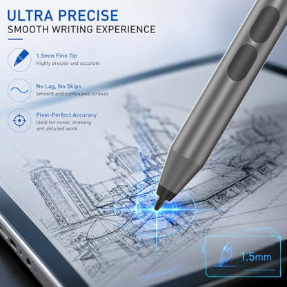 Pen for Surface Pro 11/10/9/8/X, Surface Laptop/Book/Go/Studio, Kobo | Palm Rejection, 1024 Pressure, 2500H Battery Life Active Stylus Pencil for Student Note-Taking & Artist Business Drawing - color: Grey