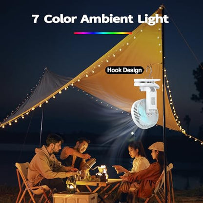 AMACOOL Battery Operated Camping Fan with Light, 20000mAh Rechargeable Clip on Fan with Hook & Digital Display, 112Hrs Running, 9 Speed, 360° Rotation Portable Small Fans for Tent Camping RV Travel - color: White