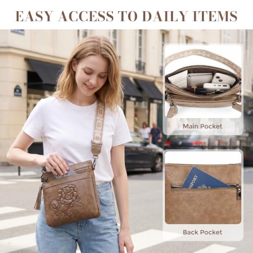 Vegan Leather Purses for Women, Daily Travel Crossbody Bags | Small Multi-Pocket Shoulder Bag with Adjustable Boho Wide Strap - color: Apricot Brown