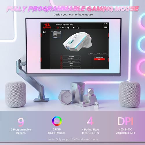 Redragon Wireless Gaming Mouse, Tri-Mode 2.4G/Bluetooth/USB-C, 7 Programmable Buttons, Tactile Rapid Fire Key, 24000 DPI RGB Ergonomic Mouse for PC Windows Gaming & Work, M814W - color: White